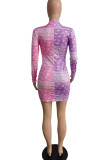 Pink Purple Casual Print Patchwork O Neck Pencil Skirt Dresses