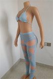 Светло-голубой модный сексуальный бандаж с принтом, прозрачный комплект из трех предметов без рукавов без спинки