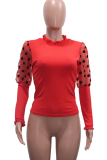 Red Sexy Dot Patchwork O Neck Tops