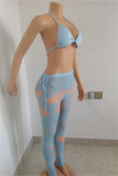 Светло-голубой модный сексуальный бандаж с принтом, прозрачный комплект из трех предметов без рукавов без спинки