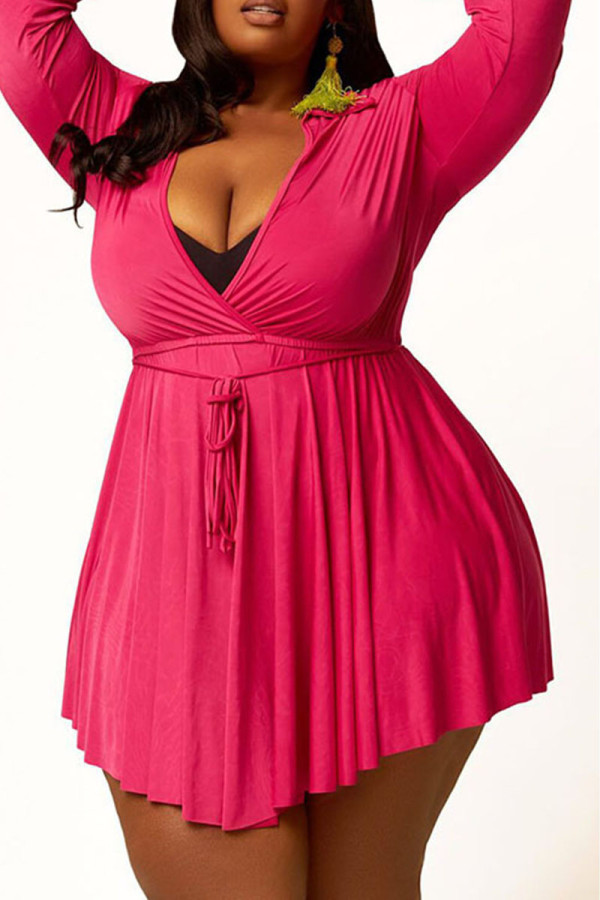 Rose Red Casual Solid Patchwork Frenulum Asymmetrical Turndown Collar A Line Plus Size Dresses