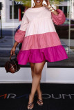 ピンク カジュアル ソリッド パッチワーク O ネック ケーキ スカート ドレス