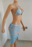 Светло-голубой модный сексуальный бандаж с принтом, прозрачный комплект из трех предметов без рукавов с открытой спиной и лямкой на шее