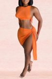 Оранжевый сексуальный сплошной пэчворк с круглым вырезом без рукавов из двух частей