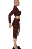 Coffee Sexy Solid Patchwork Asymmetrical Turndown Collar Long Sleeve Two Pieces