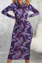 Paarse sexy print patchwork rits kraag kokerrok jurken