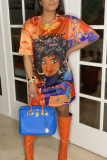 Tangerine Street Print Patchwork O Neck T-shirt Dress Plus Size Vestidos
