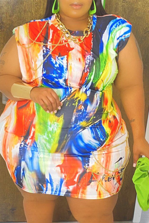 Цветная мода Casua lБольшие размеры с принтом Базовые платья-карандаш с круглым вырезом