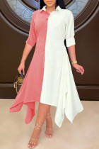 Розовое модное повседневное лоскутное асимметричное платье-рубашка с отложным воротником