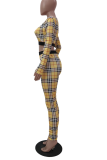 Orange Casual Plaid Patchwork O Neck Long Sleeve Two Pieces