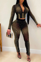 Золотая мода, сексуальное горячее сверление, лоскутное прозрачное прозрачное платье с V-образным вырезом и длинным рукавом из двух частей