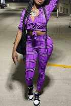 Púrpura moda casual estampado a cuadros básico cuello vuelto manga larga dos piezas