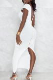 White Sexy Solid Patchwork Backless Slit Zipper V Neck Pencil Skirt Dresses