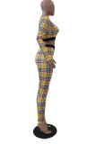 Yellow Casual Plaid Patchwork O Neck Long Sleeve Two Pieces