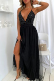 Черное сексуальное лоскутное длинное платье с блестками и открытой спиной на тонких бретелях