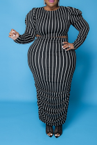 Black Casual Striped Split Joint O Neck Pencil Skirt Plus Size Two Pieces