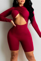 Burgundy Fashion Sexy Solid Hollowed Out O Neck Skinny Romper