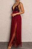 Bourgondische sexy patchwork pailletten rugloze lange jurk met spaghettibandjes