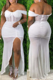 Witte mode sexy patchwork backless off-shoulder mouwloze jurk