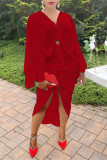Red Fashion Solid Hollowed Out Fold Asymmetrical V Neck Long Sleeve Dresses