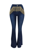 Tibetblaue, lässige, solide Quasten-Jeans mit mittlerer Taille und Bootcut-Denim