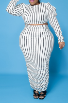 White Casual Striped Split Joint O Neck Pencil Skirt Plus Size Two Pieces