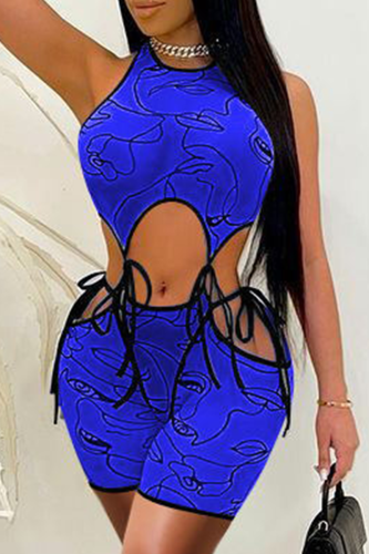 Royal Blue Sexy Print Hollowed Out U Neck Sleeveless Two Pieces