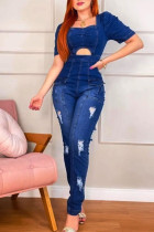 The cowboy blue Casual Solid Ripped Hollowed Out Patchwork Pocket Square Collar Skinny Jumpsuits