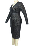 黒のセクシーなプリント パッチワーク シースルー スリット V ネック長袖プラス サイズ ドレス