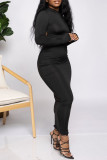 Schwarze, modische, lässige, solide Basic-Kleider mit halbem Rollkragen und langen Ärmeln