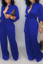 Blue Casual Solid Bandage Patchwork Buttons Turndown Collar Straight Jumpsuits