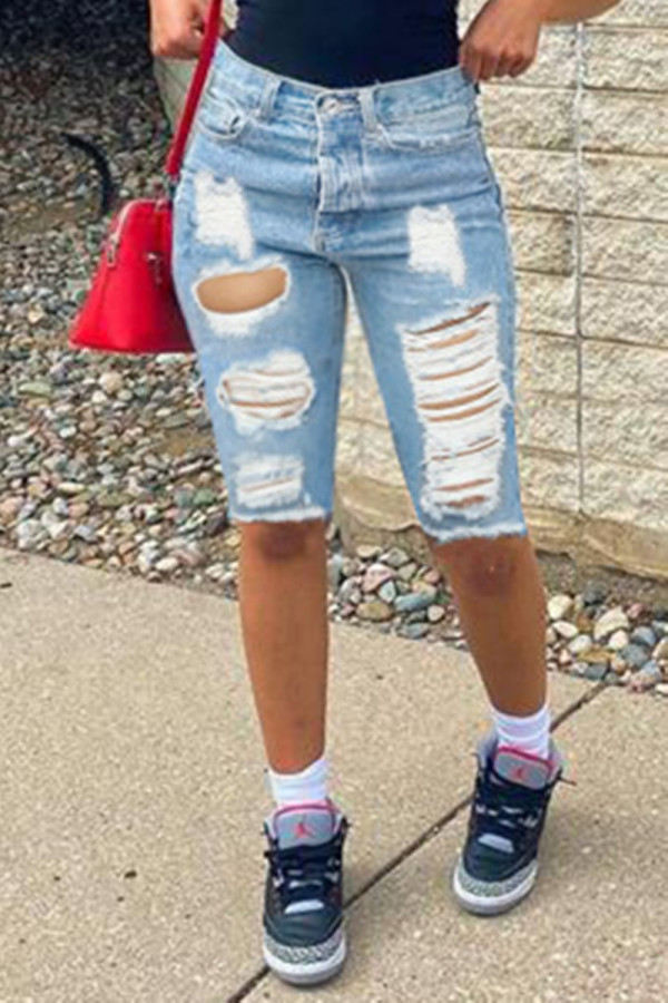 Babyblauwe mode casual effen gescheurde normale jeans met hoge taille