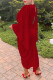 Röd Mode Solid Hollow Out Vik Asymmetrisk V-hals långärmade klänningar