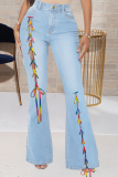 Babyblauwe casual jeans met trekkoord en halfhoge taille met bootcut