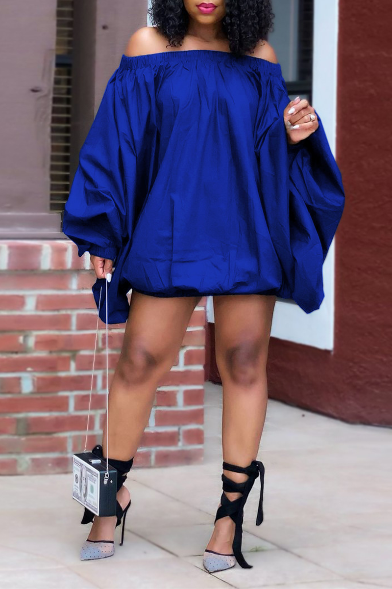 

Blue Casual Solid Patchwork Off the Shoulder Lantern Dress Dresses
