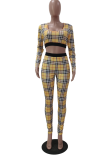 Apricot Casual Plaid Patchwork O Neck Long Sleeve Two Pieces