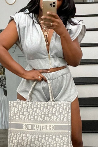Grey Sexy Solid Patchwork Asymmetrical Hooded Collar Sleeveless Two Pieces
