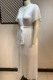 White Casual Solid Bandage Patchwork Fold V Neck Straight Plus Size Dresses