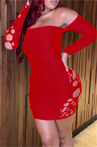 Vestidos de manga comprida vermelha sexy moda sólida vazada sem costas fora do ombro