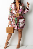 Пурпурное повседневное платье-рубашка с отложным воротником и принтом в стиле пэчворк (без пояса)