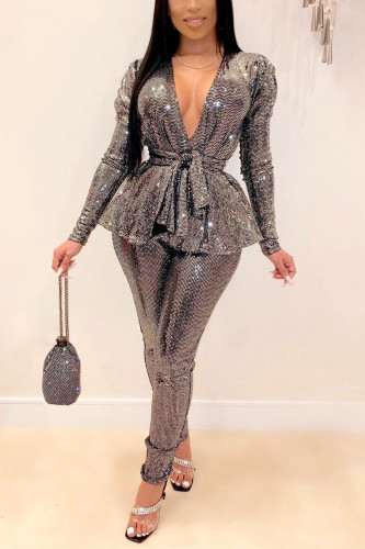 Silver Fashion Slim Long-Sleeve V-Neck Two-Piece Set