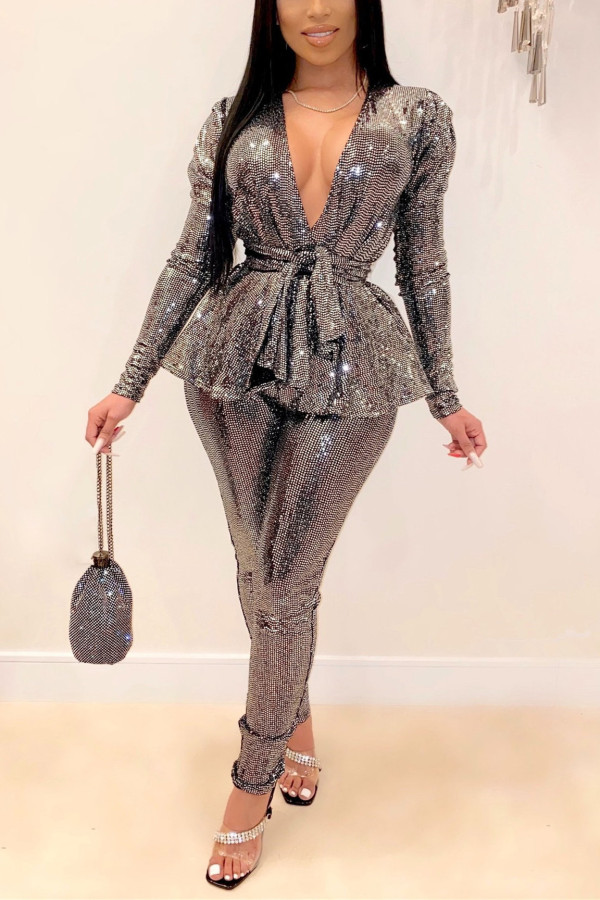 Silver Fashion Slim Long-Sleeve V-Neck Two-Piece Set