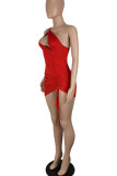 Красные сексуальные однотонные выдолбленные лоскутные платья-юбка-карандаш с асимметричным асимметричным воротником и завязками