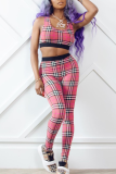 Pink Sexy Plaid Patchwork O Neck Sleeveless Two Pieces