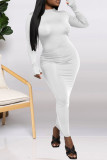 Blanco Moda Casual Sólido Básico Medio Cuello alto Vestidos de manga larga