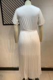 Branco casual sólido bandagem patchwork dobrável decote em V reto vestidos tamanhos grandes