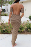 Vestido de manga corta con hombros descubiertos y espalda descubierta con estampado de rayas informal y sexy marrón Vestidos