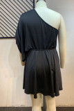 Zwart sexy effen patchwork asymmetrische schuine kraag rechte grote maten jurken
