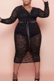 Zwarte sexy print patchwork doorzichtige split V-hals lange mouwen grote maten jurken