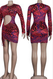 Orange Sexy Print Hollowed Out Patchwork Draw String Fold O Neck Pencil Skirt Dresses